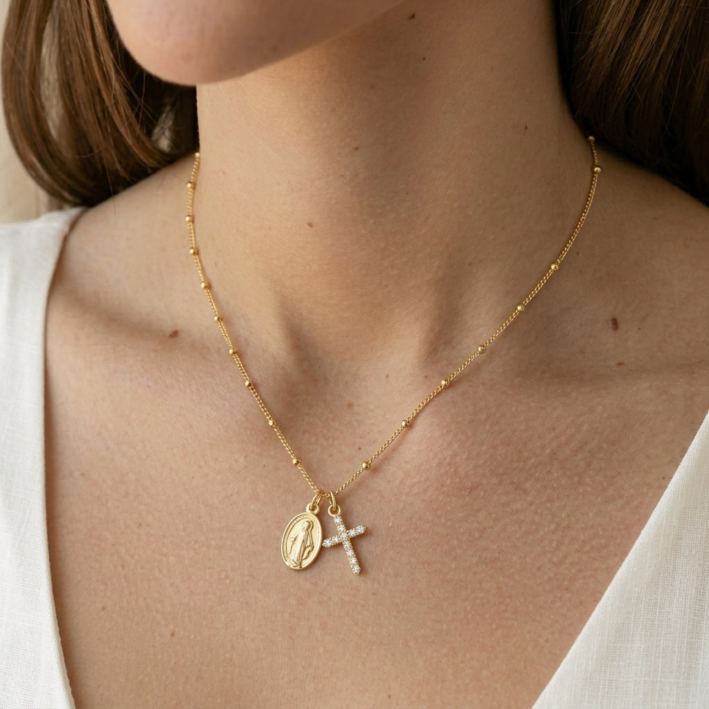 Virgin Mary & Cross Necklace